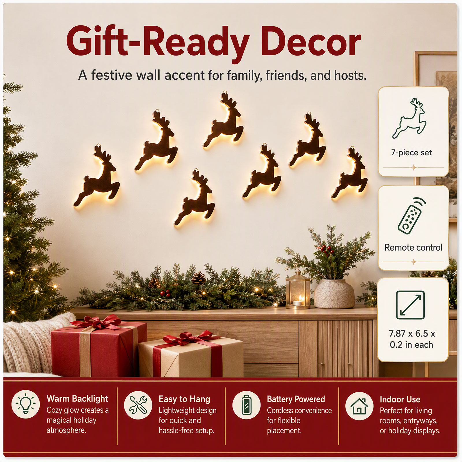7PCS LED Wooden Reindeer Wall  - Up Lighting Decor ulasan dan harga